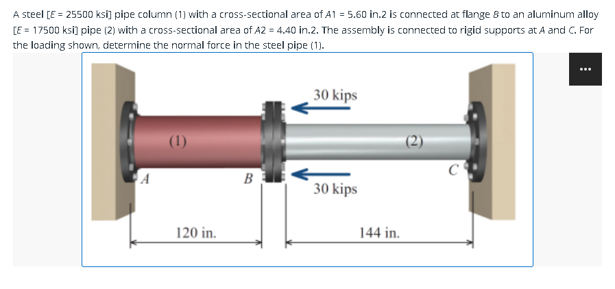 A steel [E = 25500 ksi] pipe column (1) with a cross-sectional area of A1 = 5.60 in.2 is connected at flange 8 to an aluminum alloy
[E = 17500 ksi] pipe (2) with a cross-sectional area of A2 = 4.40 in.2. The assembly is connected to rigid supports at A and C. For
the loading shown, determine the normal force in the steel pipe (1).
A
(1)
120 in.
B
30 kips
30 kips
144 in.
C
