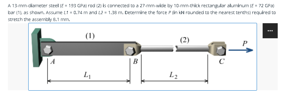 A 13-mm-diameter steel (E = 193 GPa) rod (2) is connected to a 27-mm-wide by 10-mm-thick rectangular aluminum (E = 72 GPa)
bar (1), as shown. Assume L1 = 0.74 m and L2 = 1.38 m. Determine the force P (in kN rounded to the nearest tenths) required to
stretch the assembly 8.1 mm.
(1)
L₁
B
L2
(2)
C
P