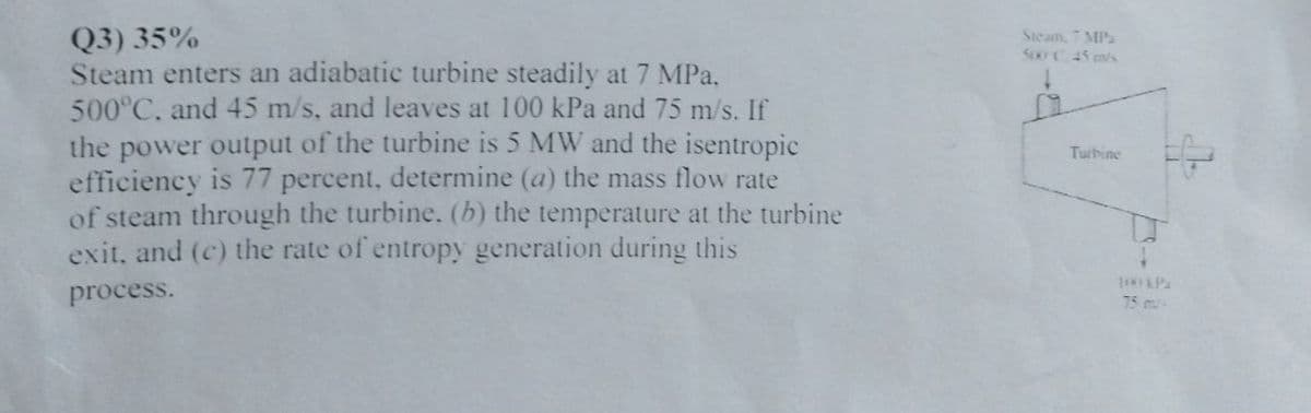 Q3) 35%
Steam enters an adiabatic turbine steadily at 7 MPa.
500°C, and 45 m/s, and leaves at 100 kPa and 75 m/s. If
Steam, 7 MPa
500Y C. 45 mls
the power output of the turbine is 5 MW and the isentropic
efficiency is 77 percent, determine (a) the mass flow rate
of steam through the turbine. (b) the temperature at the turbine
exit, and (c) the rate of entropy generation during this
Turbine
process.
1O LPa
75 m-
