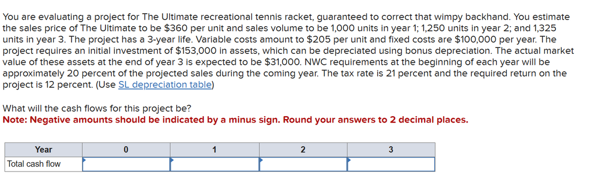 You are evaluating a project for The Ultimate recreational tennis racket, guaranteed to correct that wimpy backhand. You estimate
the sales price of The Ultimate to be $360 per unit and sales volume to be 1,000 units in year 1; 1,250 units in year 2; and 1,325
units in year 3. The project has a 3-year life. Variable costs amount to $205 per unit and fixed costs are $100,000 per year. The
project requires an initial investment of $153,000 in assets, which can be depreciated using bonus depreciation. The actual market
value of these assets at the end of year 3 is expected to be $31,000. NWC requirements at the beginning of each year will be
approximately 20 percent of the projected sales during the coming year. The tax rate is 21 percent and the required return on the
project is 12 percent. (Use SL depreciation table)
What will the cash flows for this project be?
Note: Negative amounts should be indicated by a minus sign. Round your answers to 2 decimal places.
Year
Total cash flow
0
1
2
3