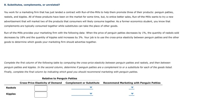 8. Substitutes, complements, or unrelated?
You work for a marketing firm that has just landed a contract with Run-of-the-Mills to help them promote three of their products: penguin patties,
raskels, and kipples. All of these products have been on the market for some time, but, to entice better sales, Run-of-the-Mills wants to try a new
advertisement that will market two of the products that consumers will likely consume together. As a former economics student, you know that
complements are typically consumed together while substitutes can take the place of other goods.
Run-of-the-Mills provides your marketing firm with the following data: When the price of penguin patties decreases by 1%, the quantity of raskels sold
decreases by 18% and the quantity of kipples sold increases by 3%. Your job is to use the cross-price elasticity between penguin patties and the other
goods to determine which goods your marketing firm should advertise together.
Complete the first column of the following table by computing the cross-price elasticity between penguin patties and raskels, and then between
penguin patties and kipples. In the second column, determine if penguin patties are a complement to or a substitute for each of the goods listed.
Finally, complete the final column by indicating which good you should recommend marketing with penguin patties.
Raskels
Kipples
Relative to Penguin Patties
Cross-Price Elasticity of Demand Complement or Substitute Recommend Marketing with Penguin Patties