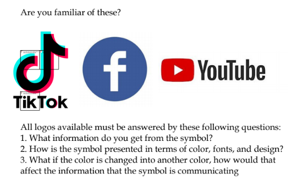 Are you familiar of these?
f
DYouTube
TikTok
All logos available must be answered by these following questions:
1. What information do you get from the symbol?
2. How is the symbol presented in terms of color, fonts, and design?
3. What if the color is changed into another color, how would that
affect the information that the symbol is communicating
