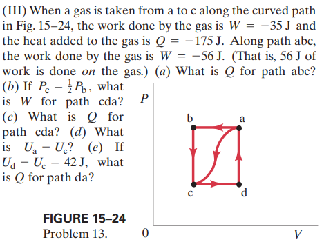 (III) When a gas is taken from a to c along the curved path
in Fig. 15–24, the work done by the gas is W = -35 J and
the heat added to the gas is Q = -175 J. Along path abc,
the work done by the gas is W = -56 J. (That is, 56 J of
work is done on the gas.) (a) What is Q for path abc?
(b) If P = P,, what
is W for path cda?
(c) What is Q for
path cda? (d) What
is Ua - U.? (e) If
Ua - U. = 42 J, what
is Q for path da?
P
b
P.
FIGURE 15-24
Problem 13.
V
