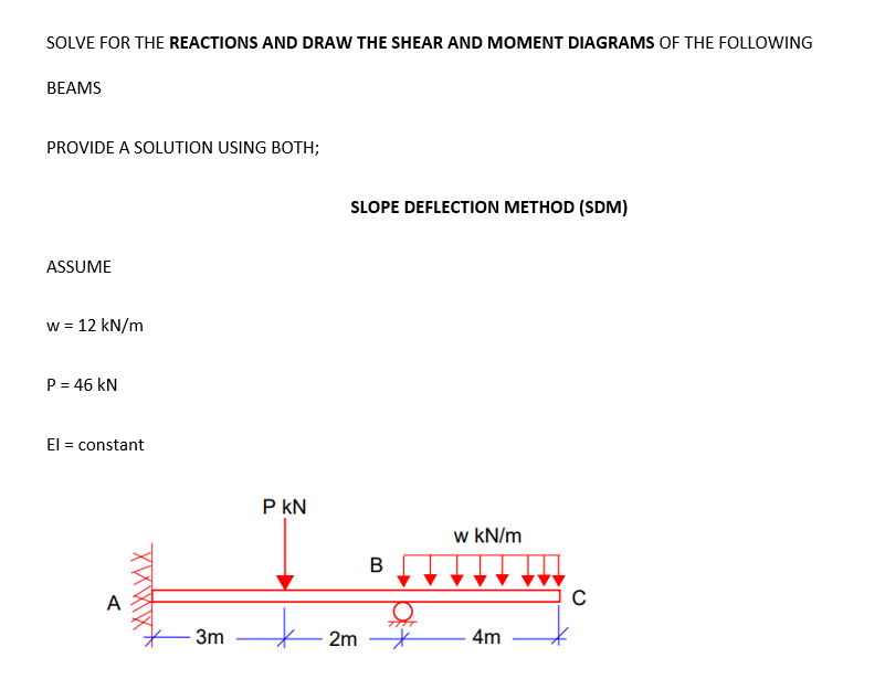 SOLVE FOR THE REACTIONS AND DRAW THE SHEAR AND MOMENT DIAGRAMS OF THE FOLLOWING
BEAMS
PROVIDE A SOLUTION USING BOTH;
SLOPE DEFLECTION METHOD (SDM)
ASSUME
w = 12 kN/m
P = 46 kN
El = constant
P kN
w kN/m
B
A
3m
2m *
4m
