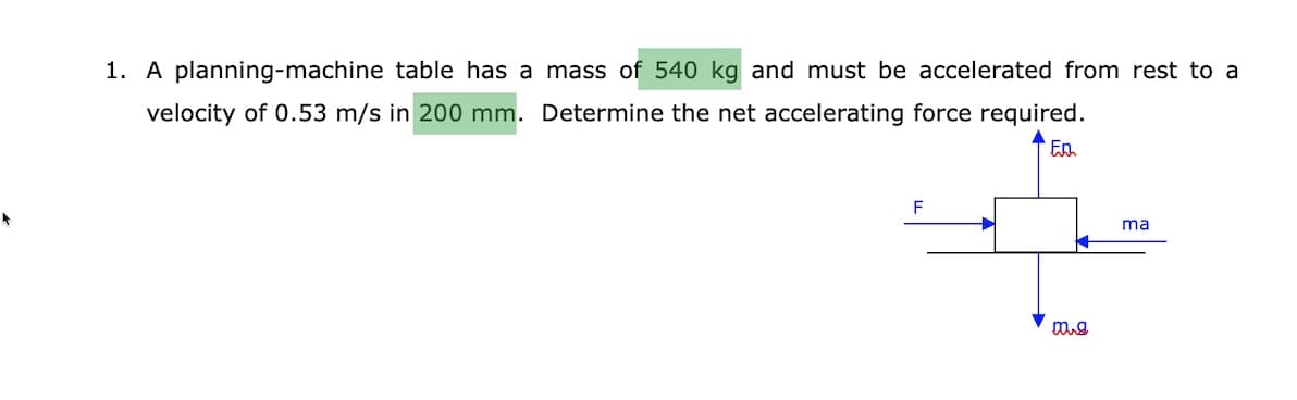 1. A planning-machine table has a mass of 540 kg and must be accelerated from rest to a
velocity of 0.53 m/s in 200 mm. Determine the net accelerating force required.
En
F
ma
