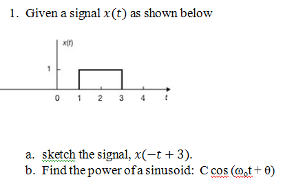 1. Given a signal x(t) as shown below
0 1 2 3
4
a. sketch the signal, x(-t + 3).
b. Find the power of a sinusoid: C cos (@,t+ 0)
