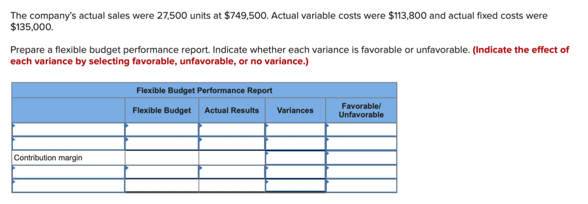 The company's actual sales were 27,500 units at $749,500. Actual variable costs were $113,800 and actual fixed costs were
$135,000.
Prepare a flexible budget performance report. Indicate whether each variance is favorable or unfavorable. (Indicate the effect of
each variance by selecting favorable, unfavorable, or no variance.)
Contribution margin
Flexible Budget Performance Report
Flexible Budget Actual Results Variances
Favorable/
Unfavorable