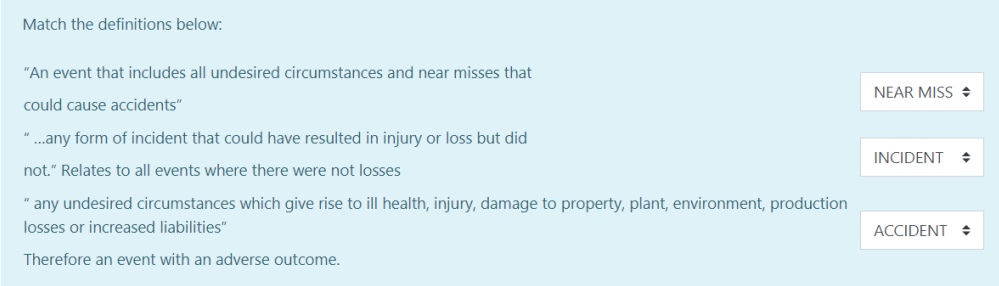 Match the definitions below:
"An event that includes all undesired circumstances and near misses that
NEAR MISS
could cause accidents"
".any form of incident that could have resulted in injury or loss but did
INCIDENT
not." Relates to all events where there were not losses
" any undesired circumstances which give rise to ill health, injury, damage to property, plant, environment, production
losses or increased liabilities"
ACCIDENT
Therefore an event with an adverse outcome.
