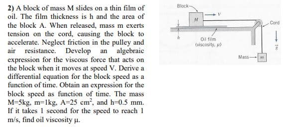 Block
2) A block of mass M slides on a thin film of
oil. The film thickness is h and the area of
Cord
the block A. When released, mass m exerts
tension on the cord, causing the block to
accelerate. Neglect friction in the pulley and
air resistance. Develop an algebraic
expression for the viscous force that acts on
the block when it moves at speed V. Derive a
differential equation for the block speed as a
function of time. Obtain an expression for the
block speed as function of time. The mass
M=5kg, m=lkg, A=25 cm?, and h-0.5 mm.
If it takes 1 second for the speed to reach 1
m/s, find oil viscosity u.
Oil film
(viscosity, u)
Mass
