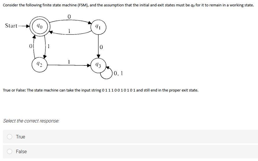 Consider the following finite state machine (FSM), and the assumption that the initial and exit states must be go for it to remain in a working state.
0
Start
0
True
40
False
92
Select the correct response:
1
1
91
0
True or False: The state machine can take the input string 01110010101 and still end in the proper exit state.
43
0, 1