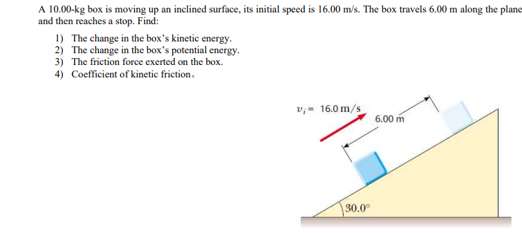 A 10.00-kg box is moving up an inclined surface, its initial speed is 16.00 m/s. The box travels 6.00 m along the plane
and then reaches a stop. Find:
1) The change in the box's kinetic energy.
2) The change in the box's potential energy.
3) The friction force exerted on the box.
4) Coefficient of kinetic friction.
v; = 16.0 m/s
6.00 m
30.0°
