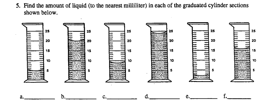 5. Find the amount of liquid (to the nearest milliliter) in each of the graduated cylinder sections
shown below.
a.
25
20
15
10
5
b.
25
20
15
10
5
MATME
way.
HERMANORA
25
20
15
10
d.
SA REGTE BAR
25
20
15
10
5
25
20
15
10
5
f.
Tulu
25
20
15
10
5