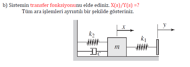 b) Sistemin transfer fonksiyonunu elde ediniz. X(s)/Y(s) =?
Tüm ara işlemleri ayrıntılı bir şekilde gösteriniz.
y
k2
www
