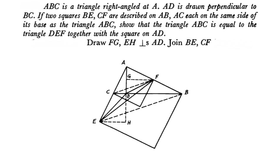 ABC is a triangle right-angled at A. AD is drawn perpendicular to
BC. If two squares BE, CF are described on AB, AC each on the same side of
its base as the triangle ABC, show that the triangle ABC is equal to the
triangle DEF together with the square on AD.
Draw FG, EH ]s AD. Join BE, CF
A
B
E
