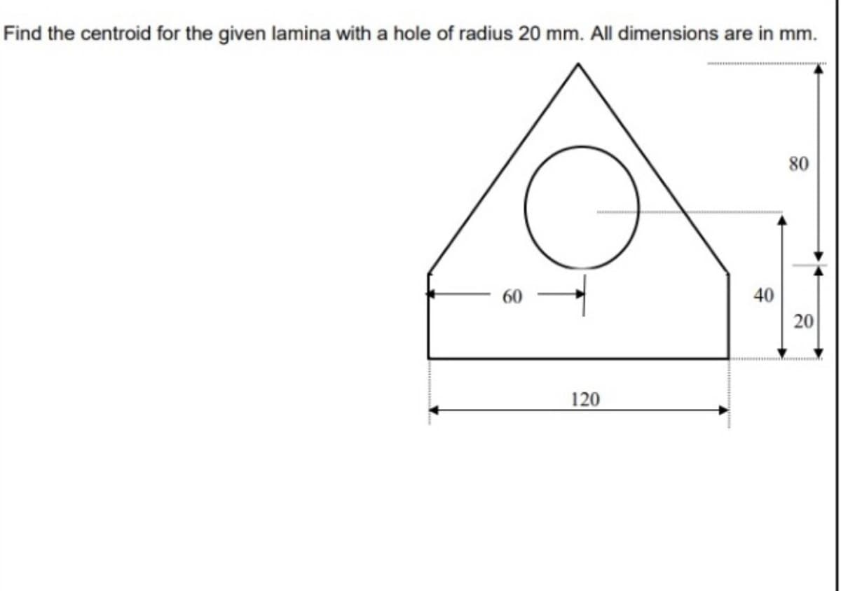 Find the centroid for the given lamina with a hole of radius 20 mm. All dimensions are in mm.
80
40
120
20
