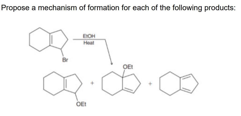 Propose a mechanism of formation for each of the following products:
Br
EtOH
Heat
OEt
OEt