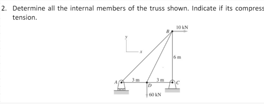 2. Determine all the internal members of the truss shown. Indicate if its compress
tension.
L
BIOTO
3 m
3 m
D
60 kN
B
10 kN
6 m
AC