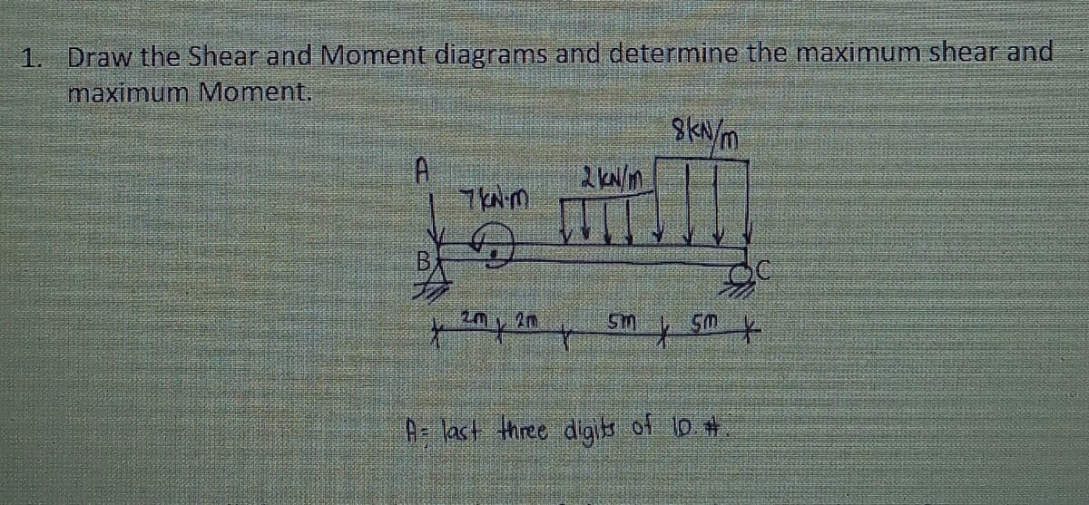 1. Draw the Shear and Moment diagrams and determine the maximum shear and
maximum Moment.
A
ņ
je 2m | 2m
f
2 kN/m
8kN/m
90
5m x 5m x
A last three digits of 10.#.