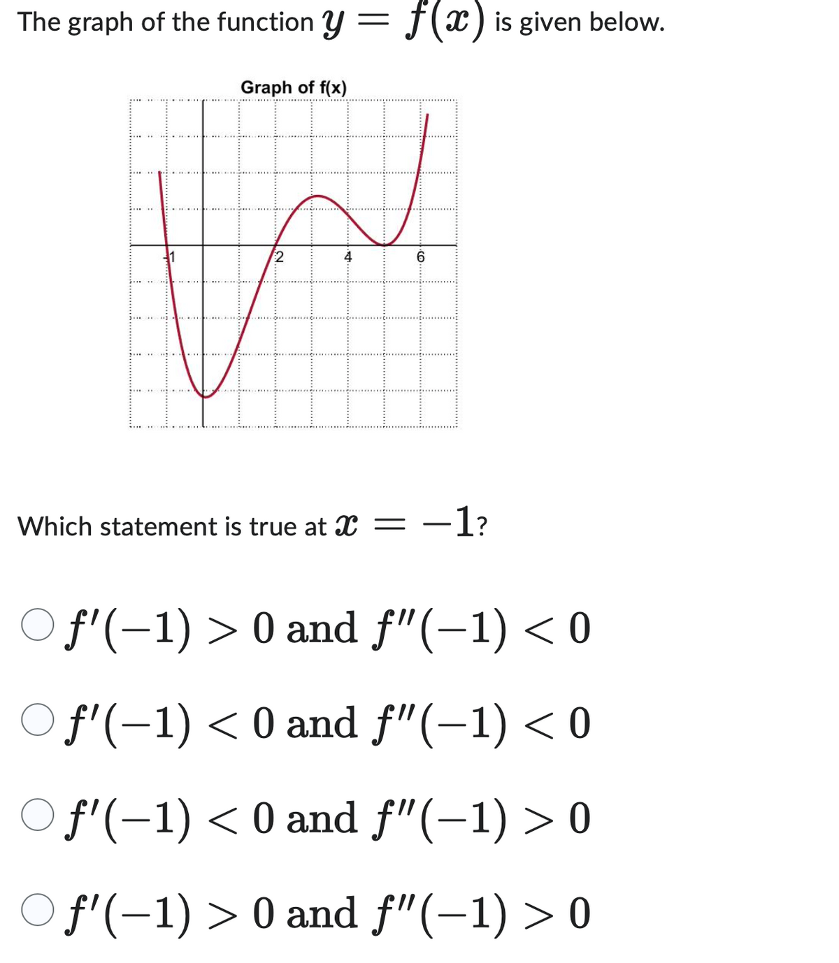 The graph of the function y = f(x) is given below.
Graph of f(x)
Which statement is true at x =
6
-1?
○ f'(−1) > 0 and ƒ"(−1) < 0
○ f'(-1) < 0 and ƒ"(−1) < 0
O f'(-1) < 0 and ƒ"(−1) > 0
ƒ'(−1) > 0 and ƒf"(−1) > 0