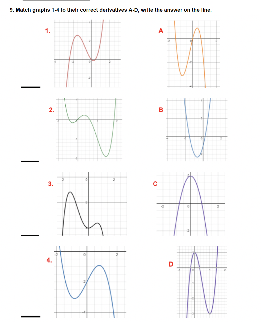 |
9. Match graphs 1-4 to their correct derivatives A-D, write the answer on the line.
2.
B
A
-2
3.
4.
0
0
C
A
D
फ N