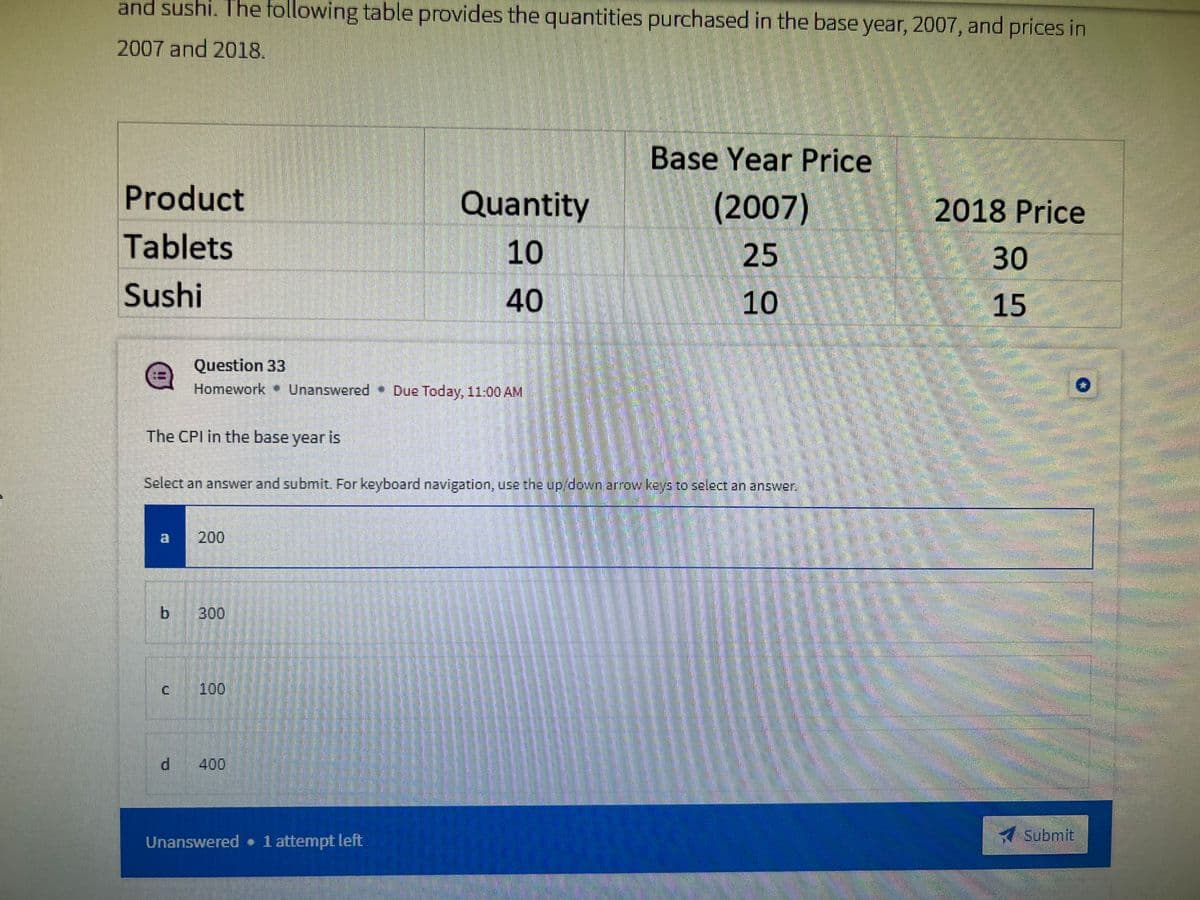 and sushi. The following table provides the quantities purchased in the base year, 2007, and prices in
2007 and 2018.
Product
Tablets
Sushi
The CPI in the base year is
b
Question 33
Homework Unanswered Due Today, 11:00 AM
d
Select an answer and submit. For keyboard navigation, use the up/down arrow keys to select an answer.
300
100
Quantity
10
40
400
Unanswered 1 attempt left
Base Year Price
(2007)
25
10
2018 Price
30
15
T
Submit
Dom