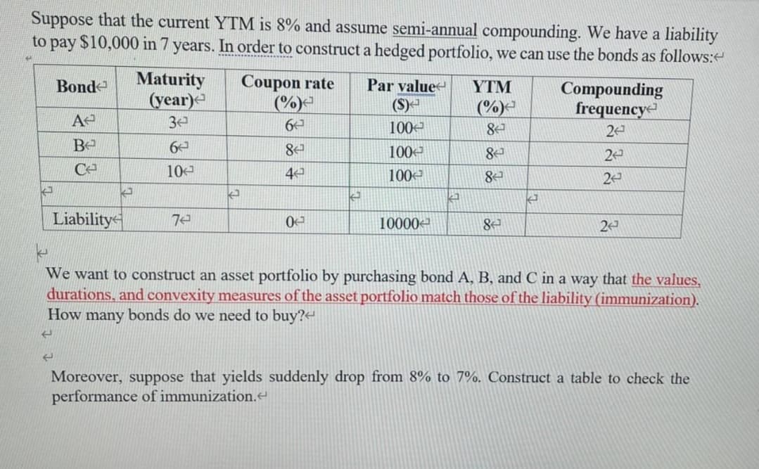 Suppose that the current YTM is 8% and assume semi-annual compounding. We have a liability
to pay $10,000 in 7 years. In order to construct a hedged portfolio, we can use the bonds as follows:
Bond
Maturity
(year)
Coupon rate Par value
YTM
(%)
($)
(%)
A
3
Compounding
frequency
6
100
8
24
Be
6
80
100
8
2
Ce
10
40
100
8
20
ㄎ
Liability
A
3
7
0
10000
8
24
We want to construct an asset portfolio by purchasing bond A, B, and C in a way that the values,
durations, and convexity measures of the asset portfolio match those of the liability (immunization).
How many bonds do we need to buy?<
t
←
Moreover, suppose that yields suddenly drop from 8% to 7%. Construct a table to check the
performance of immunization.