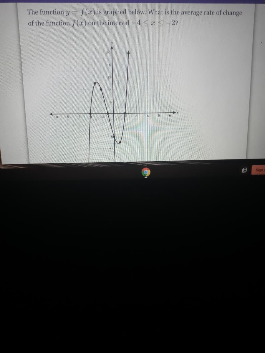 The function y
10
wwwww
of the function f(x) on the interval -4x2?
18
f(x) is graphed below. What is the average rate of change
16
O
O
Sign