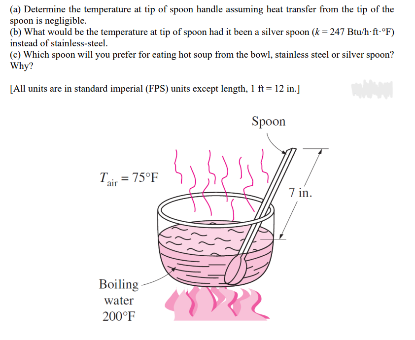 (a) Determine the temperature at tip of spoon handle assuming heat transfer from the tip of the
spoon is negligible.
(b) What would be the temperature at tip of spoon had it been a silver spoon (k = 247 Btu/h ft.°F)
instead of stainless-steel.
(c) Which spoon will you prefer for eating hot soup from the bowl, stainless steel or silver spoon?
Why?
[All units are in standard imperial (FPS) units except length, 1 ft = 12 in.]
Tair = 75°F
Boiling
water
200°F
Spoon
7 in.
