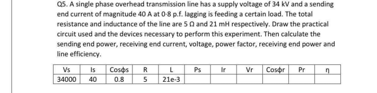 Q5. A single phase overhead transmission line has a supply voltage of 34 kV and a sending
end current of magnitude 40 A at 0-8 p.f. lagging is feeding a certain load. The total
resistance and inductance of the line are 50 and 21 mH respectively. Draw the practical
circuit used and the devices necessary to perform this experiment. Then calculate the
sending end power, receiving end current, voltage, power factor, receiving end power and
line efficiency.
Vs
Is
Cosos
Ps
Ir
Vr
Cospr
Pr
34000
40
0.8
21e-3
