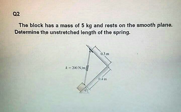 Q2
The block has a mass of 5 kg and rests on the smooth plane.
Determine the unstretched length of the spring.
03 m
A- 200 N/m
0 4m
