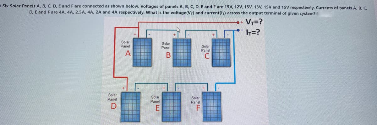 Six Solar Panels A, B, C, D, E and F are connected as shown below. Voltages of panels A, B, C, D, E and F are 15V, 12V, 15V, 13V, 15V and 15V respectively. Currents of panels A, B, C,
D, E and F are 4A, 4A, 2.5A, 4A, 2A and 4A respectively. What is the voltage(VT) and current(IT) across the output terminal of given system?
+VT=?
T=?
Solar
Panel
Solar
Panel
Solar
Panel
A
Solar
Panel
Solar
Panel
Solar
Panel
