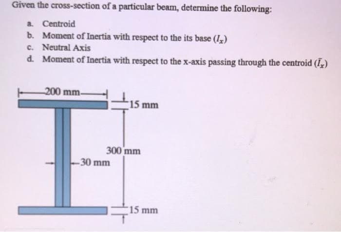 Given the cross-section of a particular beam, determine the following:
a. Centroid
b. Moment of Inertia with respect to the its base (I)
c. Neutral Axis
d. Moment of Inertia with respect to the x-axis passing through the centroid (I,)
200 mm-
15 mm
300 mm
-30 mm
15 mm
