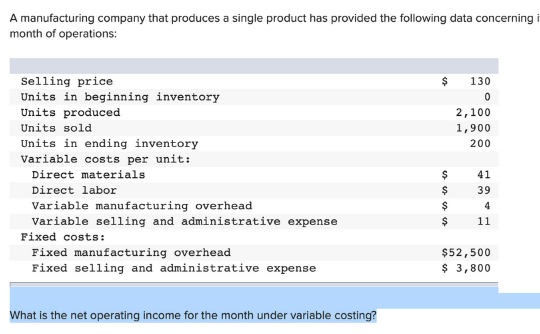 A manufacturing company that produces a single product has provided the following data concerning i
month of operations:
Selling price
Units in beginning inventory
130
Units produced
2,100
Units sold
1,900
Units in ending inventory
Variable costs per unit:
200
Direct materials
41
Direct labor
39
Variable manufacturing overhead
Variable selling and administrative expense
24
11
Fixed costs:
Fixed manufacturing overhead
Fixed selling and administrative expense
$52,500
$ 3,800
What is the net operating income for the month under variable costing?
