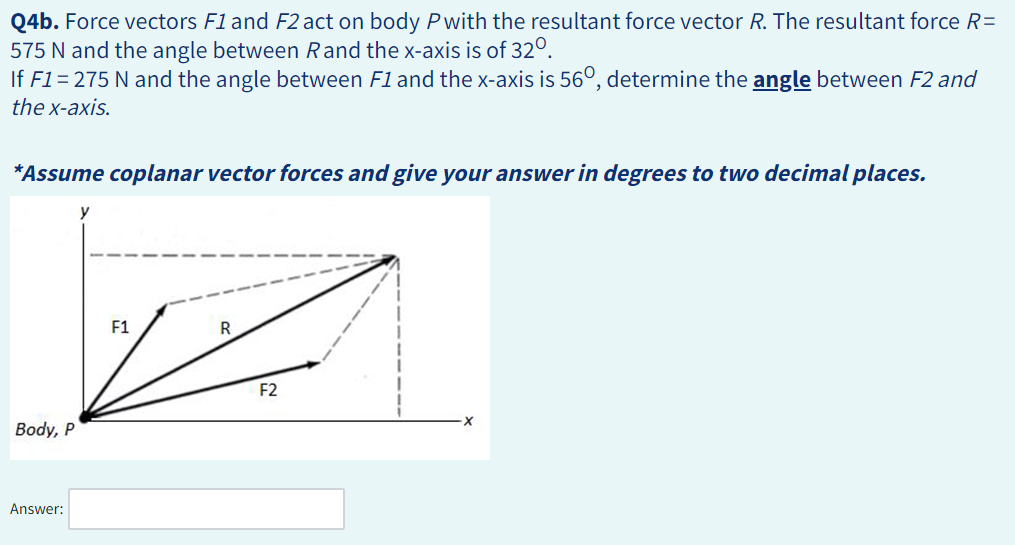 Q4b. Force vectors F1 and F2 act on body Pwith the resultant force vector R. The resultant force R=
575 N and the angle between Rand the x-axis is of 320.
If F1 = 275 N and the angle between F1 and the x-axis is 560, determine the angle between F2 and
the x-axis.
*Assume coplanar vector forces and give your answer in degrees to two decimal places.
Body, P
Answer:
y
F1
R
F2