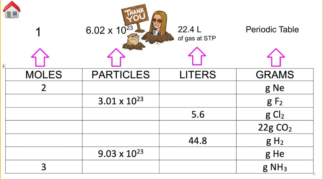 1
MOLES
2
3
THANK
YOU
6.02 x 1023
PARTICLES
3.01 x 1023
9.03 x 1023
22.4 L
of gas at STP
LITERS
5.6
44.8
Periodic Table
GRAMS
Ne
g F₂
g Cl₂
22g CO₂
g H₂
g He
g NH3