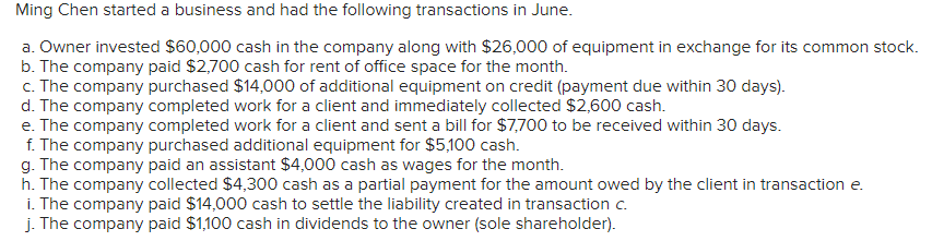 Ming Chen started a business and had the following transactions in June.
a. Owner invested $60,000 cash in the company along with $26,000 of equipment in exchange for its common stock.
b. The company paid $2,700 cash for rent of office space for the month.
c. The company purchased $14,000 of additional equipment on credit (payment due within 30 days).
d. The company completed work for a client and immediately collected $2,600 cash.
e. The company completed work for a client and sent a bill for $7,700 to be received within 30 days.
f. The company purchased additional equipment for $5,100 cash.
g. The company paid an assistant $4,000 cash as wages for the month.
h. The company collected $4,300 cash as a partial payment for the amount owed by the client in transaction e.
i. The company paid $14,000 cash to settle the liability created in transaction c.
j. The company paid $1,100 cash in dividends to the owner (sole shareholder).
