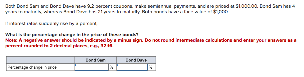 Both Bond Sam and Bond Dave have 9.2 percent coupons, make semiannual payments, and are priced at $1,000.00. Bond Sam has 4
years to maturity, whereas Bond Dave has 21 years to maturity. Both bonds have a face value of $1,000.
If interest rates suddenly rise by 3 percent,
What is the percentage change in the price of these bonds?
Note: A negative answer should be indicated by a minus sign. Do not round intermediate calculations and enter your answers as a
percent rounded to 2 decimal places, e.g., 32.16.
Percentage change in price.
Bond Sam
%
Bond Dave