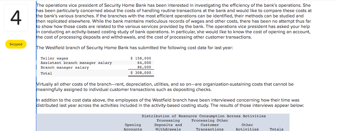 4
The operations vice president of Security Home Bank has been interested in investigating the efficiency of the bank's operations. She
has been particularly concerned about the costs of handling routine transactions at the bank and would like to compare these costs at
the bank's various branches. If the branches with the most efficient operations can be identified, their methods can be studied and
then replicated elsewhere. While the bank maintains meticulous records of wages and other costs, there has been no attempt thus far
to show how those costs are related to the various services provided by the bank. The operations vice president has asked your help
in conducting an activity-based costing study of bank operations. In particular, she would like to know the cost of opening an account,
the cost of processing deposits and withdrawals, and the cost of processing other customer transactions.
The Westfield branch of Security Home Bank has submitted the following cost data for last year:
Skipped
Teller wages
Assistant branch manager salary
Branch manager salary
Total
$ 158,000
64,000
86,000
$ 308,000
Virtually all other costs of the branch-rent, depreciation, utilities, and so on-are organization-sustaining costs that cannot be
meaningfully assigned to individual customer transactions such as depositing checks.
In addition to the cost data above, the employees of the Westfield branch have been interviewed concerning how their time was
distributed last year across the activities included in the activity-based costing study. The results of those interviews appear below:
Distribution of Resource Consumption Across Activities
Processing
Deposits and
Withdrawals
Opening
Accounts
Processing Other
Customer
Transactions
Other
Activities
Totals