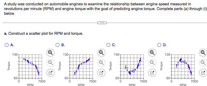 A study was conducted on automobile engines to examine the relationship between engine speed measured in
revolutions per minute (RPM) and engine torque with the goal of predicting engine torque. Complete parts (a) through (i)
below.
a. Construct a scatter plot for RPM and torque.
O A.
Torque
130-
60-
to
RPM
7000
@
LY
B.
130-
60-
RPM
7000
©
ਦੇ
Oc
130-
60+
•
RPM
7000
Q
D.
130-
60-
0
Bot
RPM
7000
©
Q
L