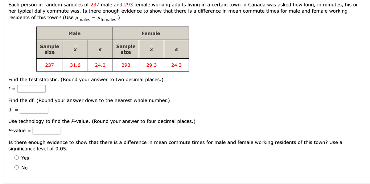 Each person in random samples of 237 male and 293 female working adults living in a certain town in Canada was asked how long, in minutes, his or
her typical daily commute was. Is there enough evidence to show that there is a difference in mean commute times for male and female working
residents of this town? (Use μmales - females.)
Sample
size
237
Male
X
31.6
S
24.0
Sample
size
293
Female
x
29.3
Find the test statistic. (Round your answer to two decimal places.)
t =
Find the df. (Round your answer down to the nearest whole number.)
df =
S
24.3
Use technology to find the P-value. (Round your answer to four decimal places.)
P-value =
Is there enough evidence to show that there is a difference in mean commute times for male and female working residents of this town? Use a
significance level of 0.05.
Yes
No