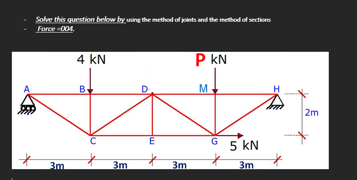 Solve this question below by using the method of joints and the method of sections
Force =004.
3m
4 KN
B
C
3m
D
E
3m
P KN
M
G
5 kN
3m
H
2m