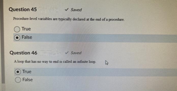 Question 45
✓ Saved
Procedure-level variables are typically declared at the end of a procedure.
True
False
Question 46
A loop that has no way to end is called an infinite loop.
True
False
✔Saved