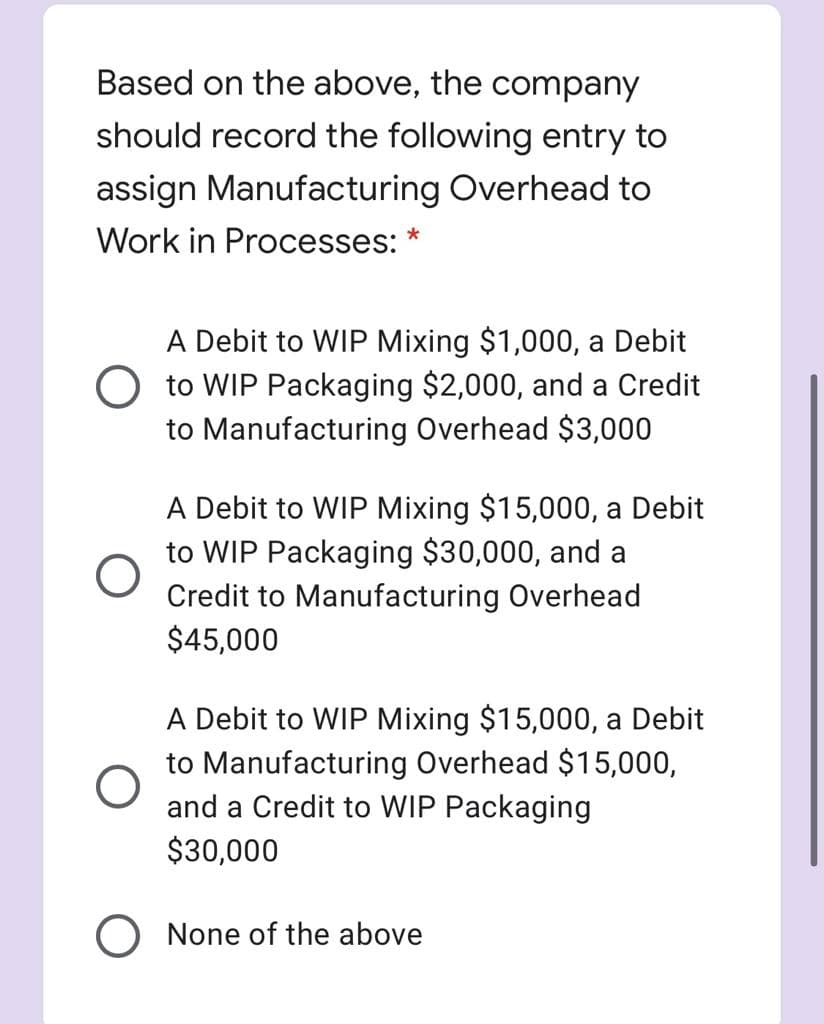Based on the above, the company
should record the following entry to
assign Manufacturing Overhead to
Work in Processes: *
A Debit to WIP Mixing $1,000, a Debit
O to WIP Packaging $2,000, and a Credit
to Manufacturing Overhead $3,000
A Debit to WIP Mixing $15,000, a Debit
to WIP Packaging $30,000, and a
Credit to Manufacturing Overhead
$45,000
A Debit to WIP Mixing $15,000, a Debit
to Manufacturing Overhead $15,000,
and a Credit to WIP Packaging
$30,000
None of the above
