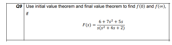 Q9 Use initial value theorem and final value theorem to find f(0) and f(0),
if
6+ 7s2 + 5s
F(s)
s(s2 + 4s + 2)
