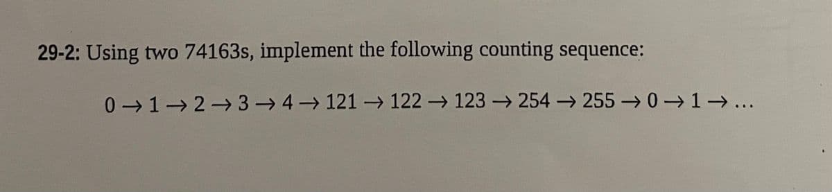 29-2: Using two 74163s, implement the following counting sequence:
0 1 2 3 4 → 121 122 123 254 255-01...