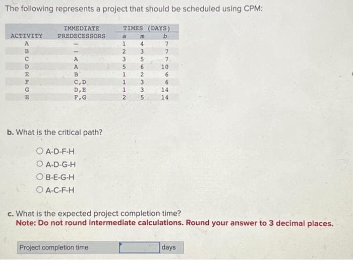 The following represents a project that should be scheduled using CPM:
TIMES (DAYS)
b
ACTIVITY
А
ABCDA4B
с
E
F
G
H
IMMEDIATE
PREDECESSORS
A
A
B
C,D
D,E
F,G
b. What is the critical path?
O A-D-F-H
O A-D-G-H
OB-E-G-H
O A-C-F-H
a
1
2
Project completion time
3
5
1
m
4
3
5
6
2
1
3
1
3
2 5
7
7
7,
10
6
6
14
14
c. What is the expected project completion time?
Note: Do not round intermediate calculations. Round your answer to 3 decimal places.
days