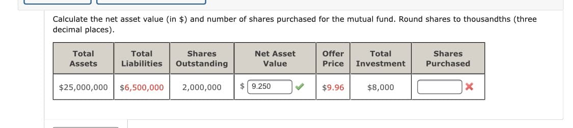 Calculate the net asset value (in $) and number of shares purchased for the mutual fund. Round shares to thousandths (three
decimal places).
Total
Total
Shares
Net Asset
Offer
Total
Shares
Assets
Liabilities
Outstanding
Value
Price
Investment
Purchased
$25,000,000
$6,500,000
2,000,000
$ 9.250
$9.96
$8,000
