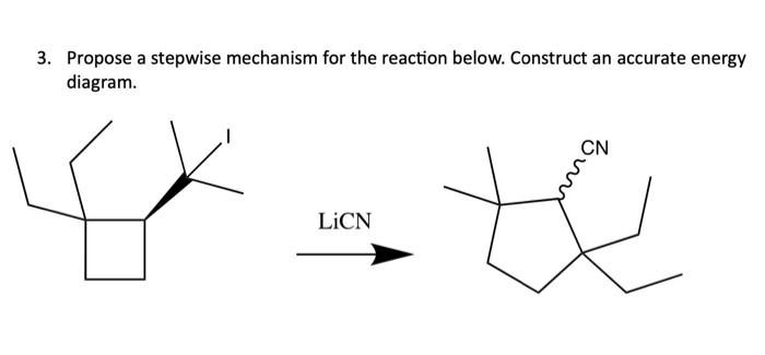 3. Propose a stepwise mechanism for the reaction below. Construct an accurate energy
diagram.
LICN
CN