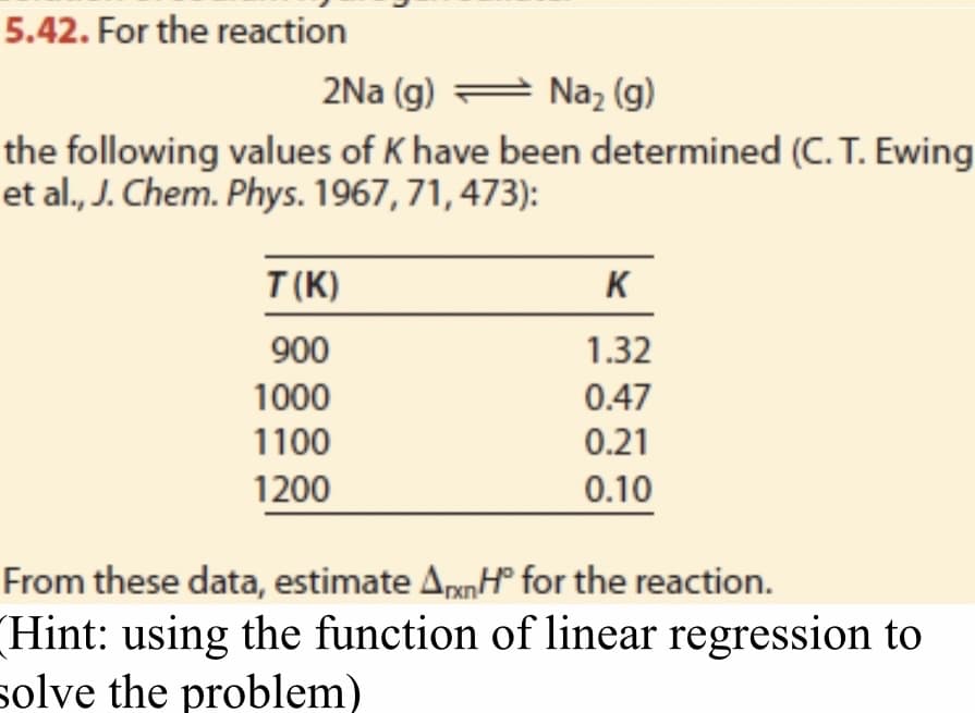 5.42. For the reaction
2Na (g) = Na₂ (g)
the following values of K have been determined (C. T. Ewing
et al., J. Chem. Phys. 1967, 71, 473):
T(K)
900
1000
1100
1200
K
1.32
0.47
0.21
0.10
From these data, estimate AxH for the reaction.
(Hint: using the function of linear regression to
solve the problem)