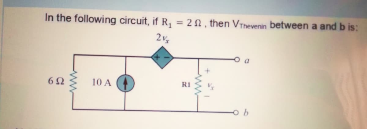 In the following circuit, if R, = 2 N , then VThevenin between a and b is:
%3D
10 A
R1
